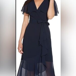 Adrianna Papell Divine Crepe and Chiffon Dress Navy Blue Size 14